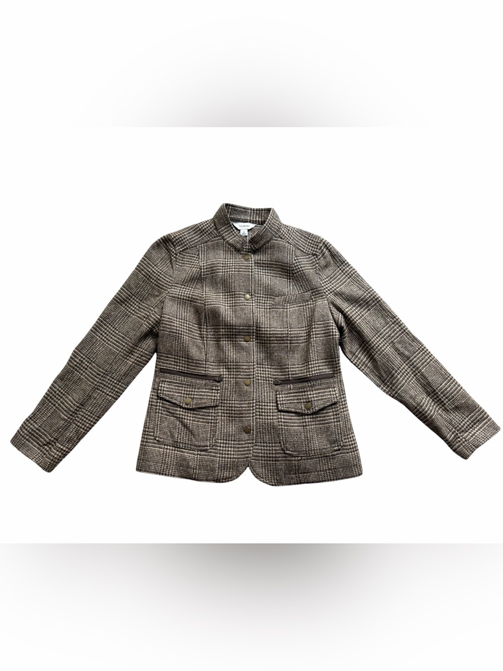 L.L. Bean Womens Wool Blend Plaid Tweed Blazer Jacket Small Brown Elbow Patch - Picture 3 of 9